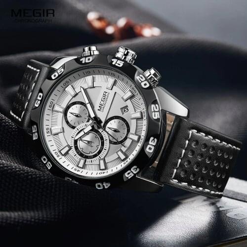 Megir Mens Military Sports Watches Leather Strap Top Brand Chronograph 3 Bar Waterproof Luminous Wrist Watch Man 2096G White