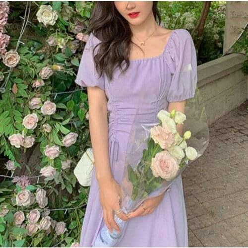 Evening Party Elegant One Piece Dress Korean 2021 Summer Beach Elegant Dress Women Puffer Sleeve Sweet Pure Collor Dress Female