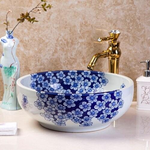 Artistic Handmade Ceramic wash basin Lavobo Round Counter top ceramic art wash basin porcelain hand wash basin blue and white