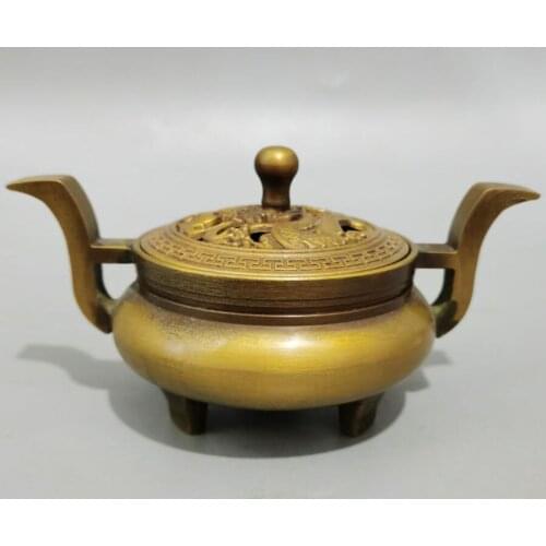 China brass Hollow out lid Incense burner crafts statue