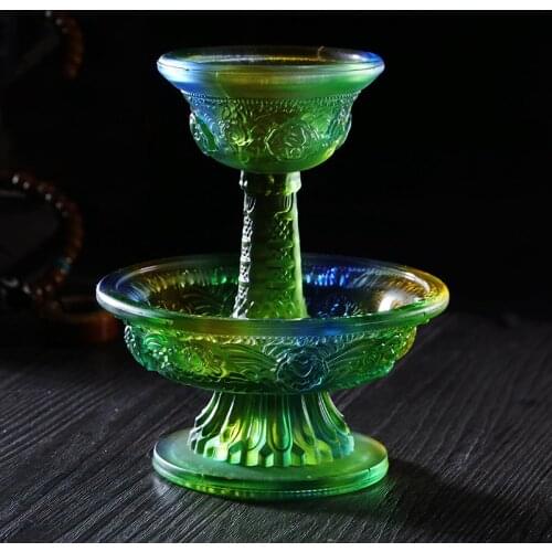 Collection Chinese Tibetan Style Green Coloured Glaze Buddhism Eight Auspiciousness Offering Water Cup Gift Home Decoration