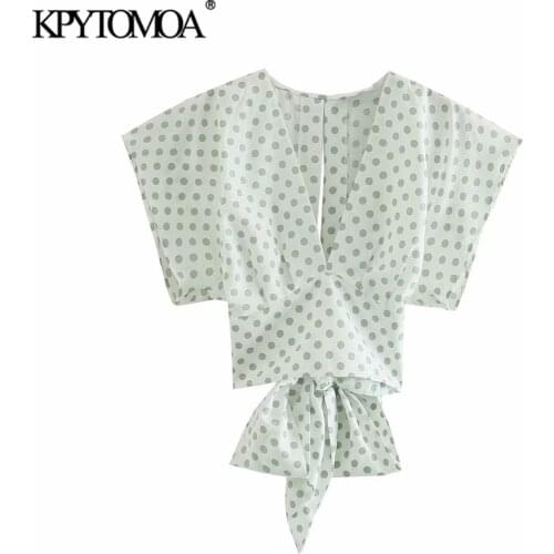 KPYTOMOA Women 2021 Fashion With Bow Polka Dot Linen Crop Blouses Vintage Backless Short Sleeve Female Shirts Chic Blusas Tops