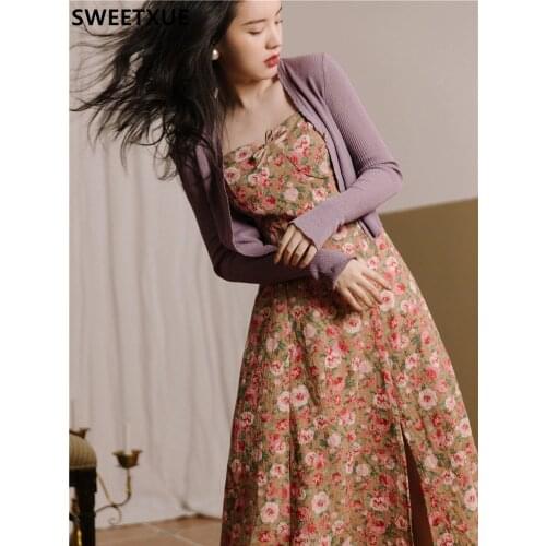 SWEETXUE 2021 Summer Retro French Girl Floral Spaghetti Striped Long Dress + Sun Protection Shirt Vacation Chic Female Vestidos