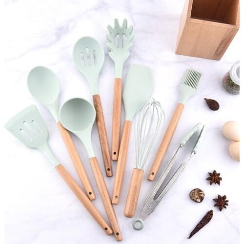9pcs Fresh Blue Silicone Kitchenware Set Japanese Style Wood Receiving Tube Kitchenware Set Pot Shovel and Spoon Set