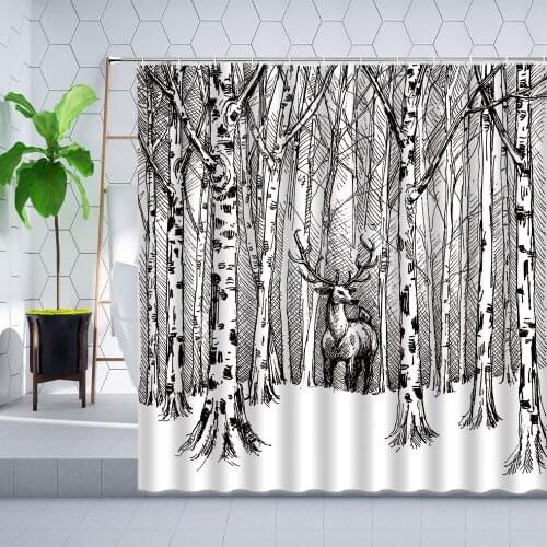 Autumn Winter Black White Forest Shower Curtain Elk Birch Tree Modern Art Printing Home Decor Bathroom Polyester Curtains Sets