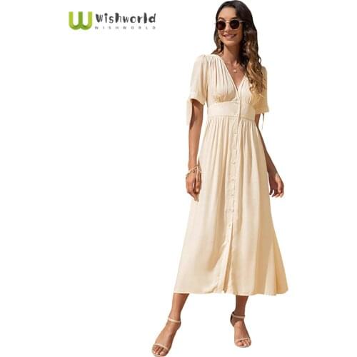 Sexy V-neck High Waist Strap Single Row Button Solid Color Dress Fashion Women Summer Loose Sundress Birthday Party Dresses