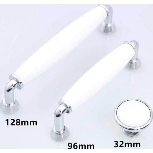 96mm 128mm modern simple ceramic kitchen cabinet dresser door handle white ceramic drawer knob 5" silver chrome furniture handle
