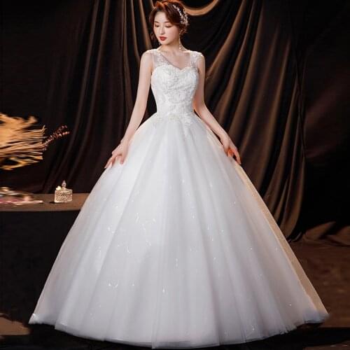 Wedding Dresses Illusion V-Neck Sleeveless Tulle Lace Beading Sequined Backless Luxury White Floor-Length Women Bridal Gown G502
