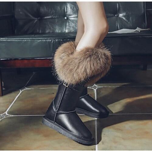 Genuine Leather Snow Boots Womens Winter Fox Fur Boots Middle Calf Snow Boots Flat Black Color Cotton Shoes