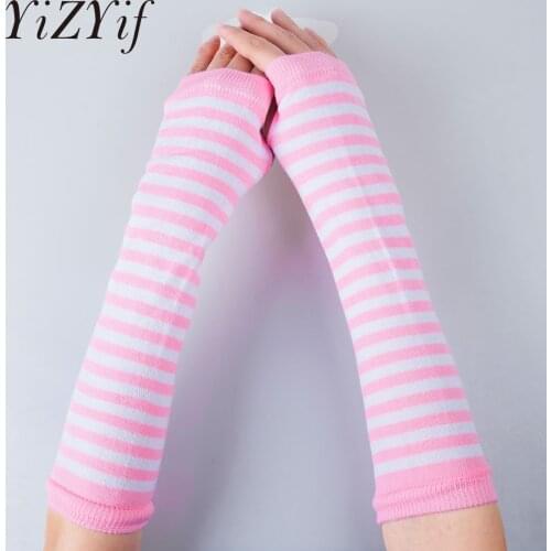 YiZYiF Autumn Wrist Arm Hand Arm Warmers Knitted Fingerless Gloves Long Sleeve Soft Striped Elbow Gloves Christmas Accessories