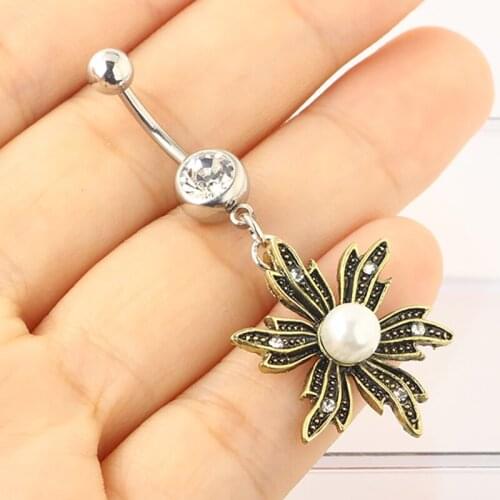 Body Piercing Jewelry Pearl Leaf shape dangling Belly Button Ring for Women belly Piercing Stianless steel navel rings Wholesale