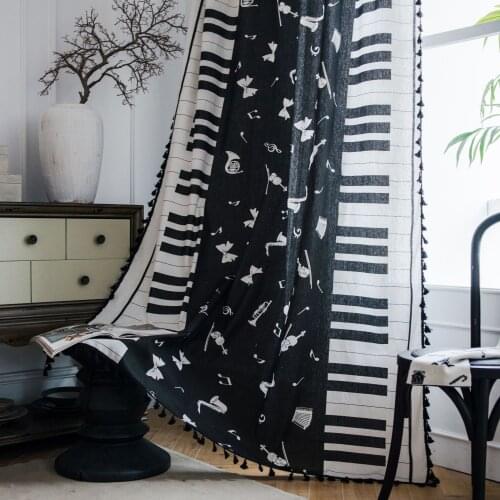 Unique Piano Print Black Tassels Cotton Linen Fabric Kitchen Curtain Semi Shading Bay Window Living Room Curtain Home Decoration