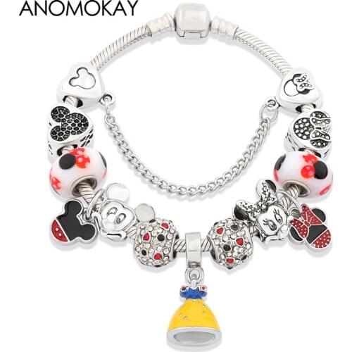 Yellow Princess Dress Charm Pendant Bracelet Red Enamel Mickey Minnie Child Bead Bracelet Cartoon DIY Murano Crystal Bracelet