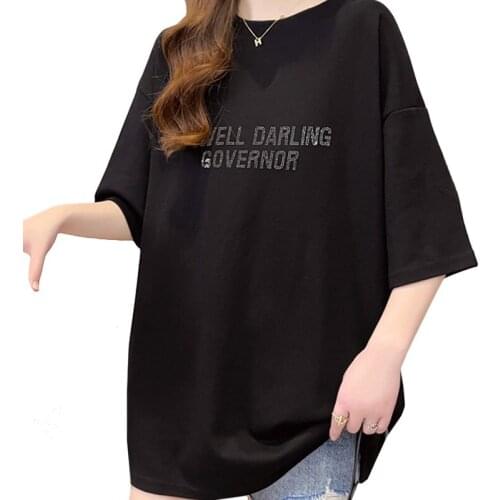 New 2021 Summer Women T Shirt Hot Drilling Letter Three-dimensional Wing Little Angel Loose Lady Tees Black Fashion Tops Female