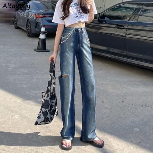 Harajuku Jeans Women Hole Design Summer Boyfriend Teens Streetwear Loose Vintage Panelled High Waisted Denim Trouser Retro