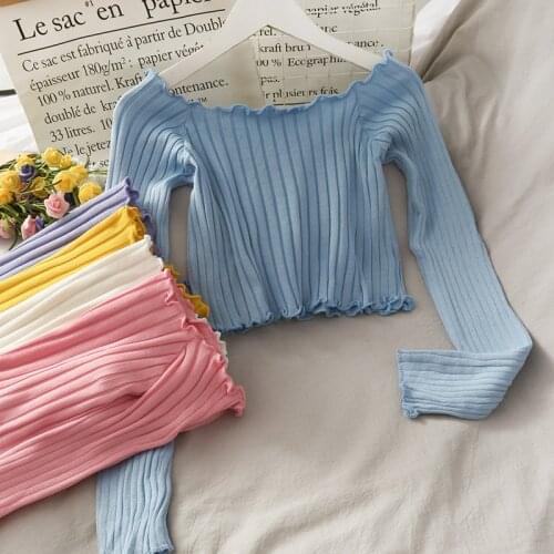 OUMEA Women Knitted Long Sleeve Tshirts Lettuce Edge Off Shoulder Slim Fit Rib Crop Tops Solid Color Korean Style Sweet Tops