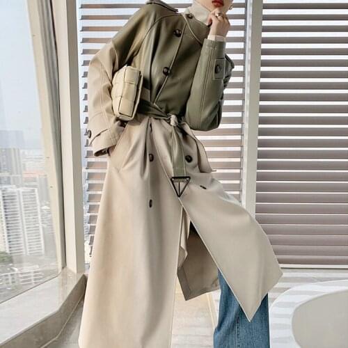 2021 Winter New Women Stylish Pu Leather Bandage Trench Coat Chic Double Breasted Panelled Patchwork Casual Windbreaker Overcoat