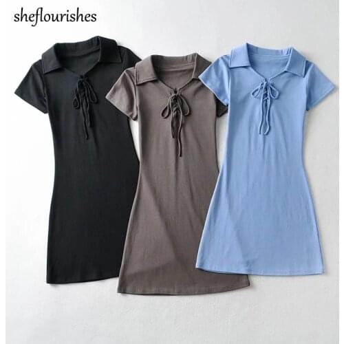 Summer mini dress women vintage dresses short sleeve A line dress Korean lace up dresses black turn down collar dress blue gray