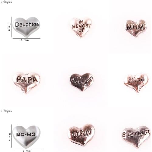 20pcs/lot Alloy Heart MOM DAD BROTHER DAUGHTER PAPA GRANDKIDS floating charms for living floating locket charms DIY jewelry