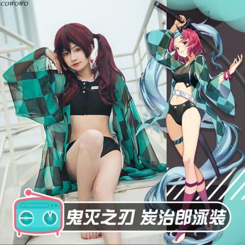 Anime! Demon Slayer: Kimetsu no Yaiba Kamado Tanjirou Lovely High Waist Swimsuit Uniform Cosplay Costume Summer Pool Party Suit