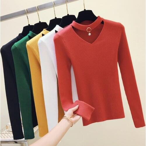 Basic Sweater Women Pullover Knitted Long Sleeve Sexy V-Neck Women Sweaters Top Autumn Winter Soft Elasticity Pull Femme Black