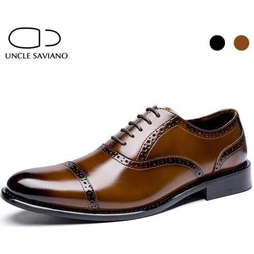 Uncle Saviano Oxford Brogue Wedding Dress Men Shoes Black Original Designer Genuine Leather Formal Office Business Man Shoes