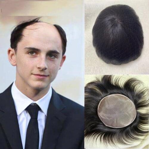 Breathable Silk Base Jet Black Colored MenS Toupee Hairpieces Human Hair 6 Inch PU With Soft Skin Swiss Lace Toupee For Men