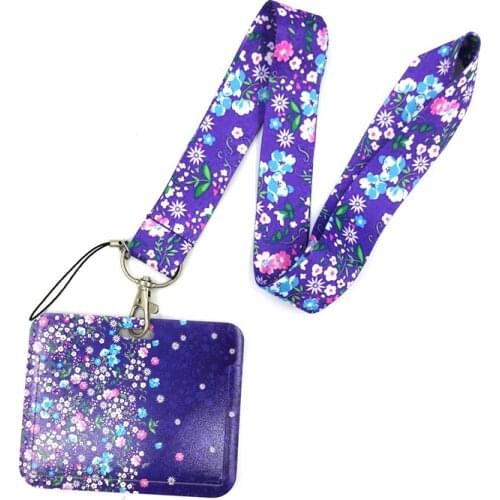 Purple Flowers Key lanyard Car KeyChain ID Card Pass Gym Mobile Phone Badge Kids Key Ring Holder Jewelry Decorations