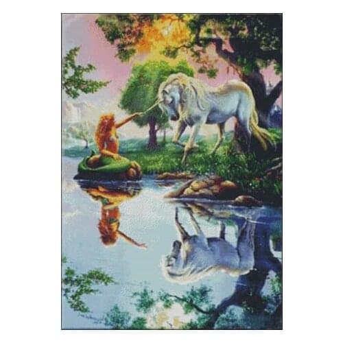 Fishxx Cross Stitch E267 portrait[mermaid and unicorn]cotton thread and cloth,100% accurate pattern,11CT, Need to embroidery