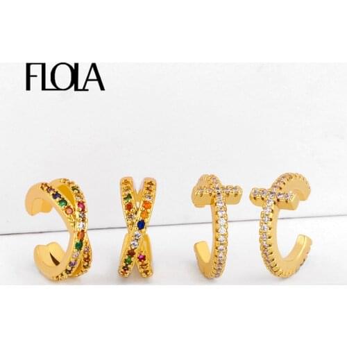 FLOLA Rainbow Cross Clip On Earrings For Women Small Pave Crystal Clip Earrings Without Piercing CZ Gold Filled Jewelry erss52