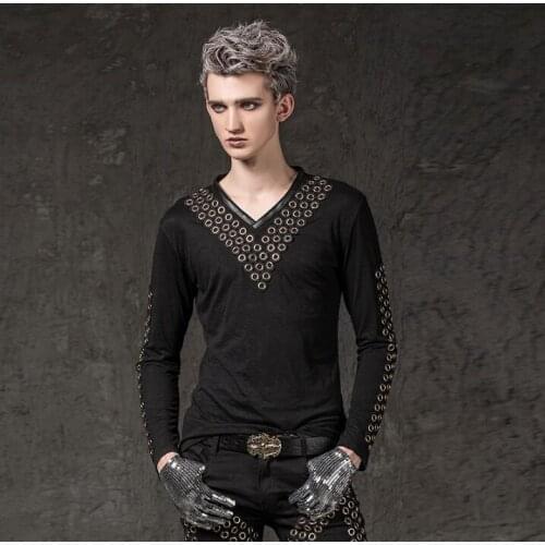 Hip Hop T-Shirt Mens Punk Stud V-neck Long Sleeve T-Shirt Teen Influx Mens Slim Male Singer Costume M-2XL