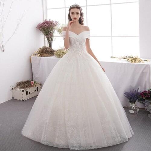 Ivory Lace Appliques Ball Gown Cheap Wedding Dresses Off The Shoulder Short Sleeves Bridal Dresses Wedding Gowns