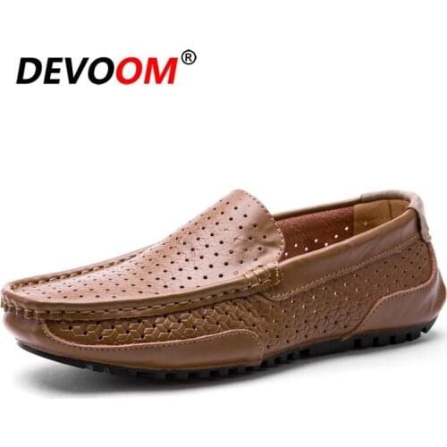 Men Genuine Leather Loafer Shoes 2018 Summer Driving Shoes Breathable Hollow out Man Loafers Yellow Shoes Mocassin men Casual