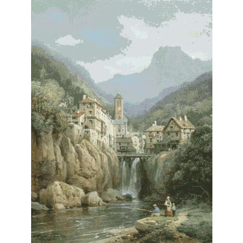 Needlework,Embroidery,DIY Aida Mountain waterfall river fishing Bridge Cross stitch kits,Art Pattern sets Cross-Stitching decor