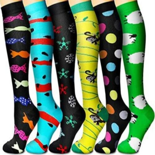 Men And Women Compression Socks For Athletic Travel Flight Shin Splints Knee High 20-30 mmhg Snowflake Monkey Dot Lamb 6 Pairs