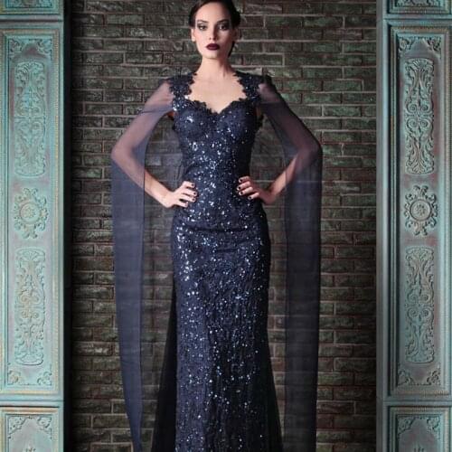 Charming Nancy Ajram Navy Blue Sweetheart Appliqued Beaded Bling Bling Sequin Lace Prom with Cape mother of the bride dresses