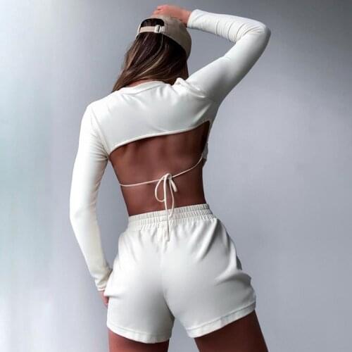 Solid Tracksuit Women 2 Piece Set Backless O Neck Long Sleeve Tshirt Top+Shorts Lace-up Lady Casual Fitness Outfits Workout Wear