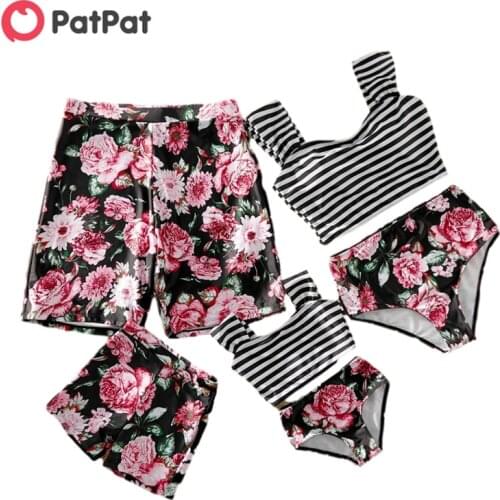 PatPat 2020 New Summer Striped and Floral Print Matching Swimsuits Matching Outfits Family Look Swimwear