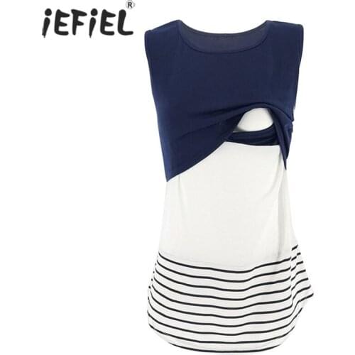 Casual Women Pregnant Maternity Clothes Nursing Tops Breastfeeding T-Shirt Pregnancy Sleeveless Breastfeeding Striped Tshirt Tee