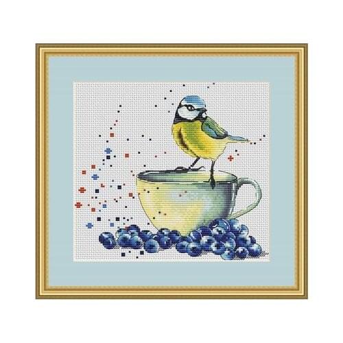 Light Blue Cross embroidered RS cotton with cross embroidered unpainted blueberry fruit tea and tits