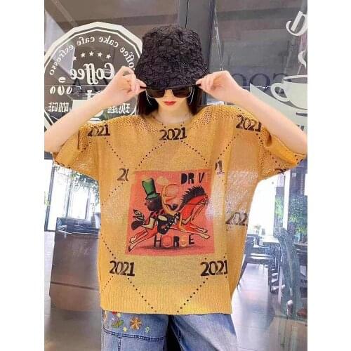 Khaki Thin Print Fashion New Hollow Out Graffiti Tops Women Nice Short Sleeve Kawaii Clothes Sweater Womens Clothing