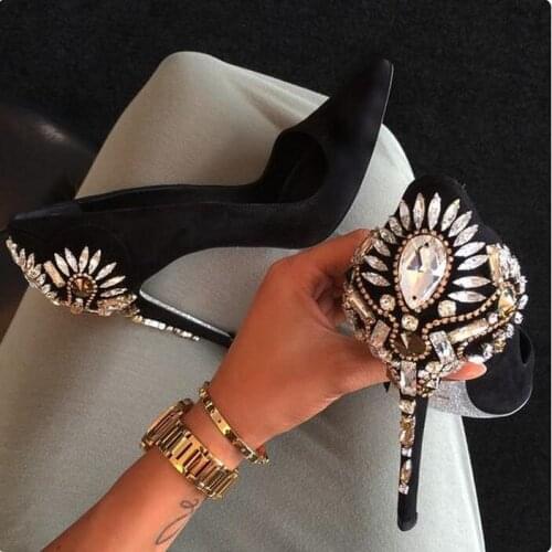 Fashion rhinestone high heel pumps pointed toe slip-on stiletto heels sexy crystal single shoes woman for spring