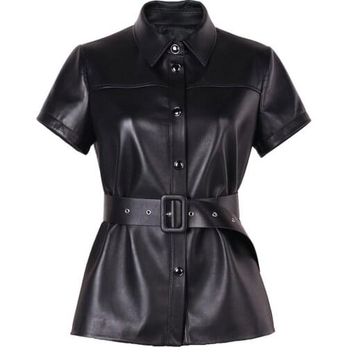 YOLOAgain Ladies Genuine Leather Jacket Girls Single Breasted Short Sleeve Leather Shirt