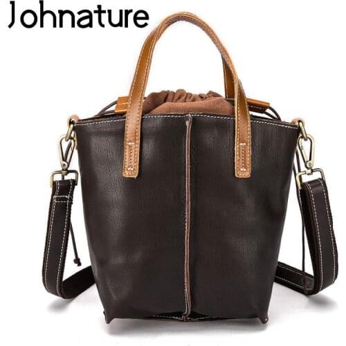 Johnature 2021 New Leisure Women Bucket Bag Genuine Leather Vintage Handbag Real Cowhide Versatile Shoulder & Crossbody Bags