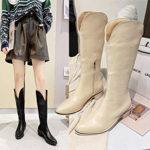 Women Long Boots Low Heels Knee The Botas Autumn Plush Shoes Zip Motorcycle Boots Leather Party Slim Combat Booties