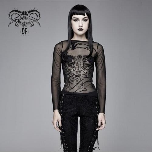 Devil Fashion Womens Gothic Cartoon Pattern Top Transparent Tight Daily Long Sleeve T-shirts