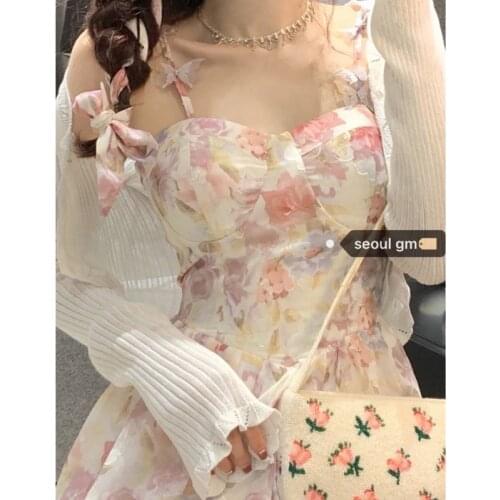Blossoms Fall Dress Korean Sweet Foreign Style Aging Knock Fairy Flowers Close Waist Pink Suspender Female Summer