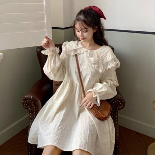 College Style Long-Sleeved Dress Women Autumn Japanese t Lace Edge Sailor Collar Lantern Sleeve High Waist Sweet lolita dress