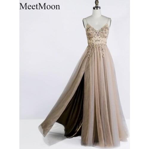 MeetMoon Sexy Champagne Illusion Beaded Bodice Spaghetti Straps A-line Evening Dress Long Formal Party Gown With Side Split