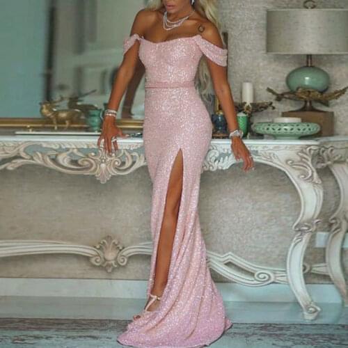 Mermaid Off the Shoulder Evening Dresses Long Luxury 2021 Sleeveless Side Split Sequins Prom Gowns Sexy Gorgeous Celebrity Dress
